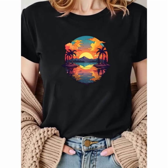 Tropical Sunset Graphic Tee T-Shirt Scenic Cotton Top Casual Short Sleeve Round Neck Apparel Black S-5XL