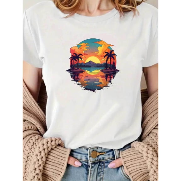 Tropical Sunset Graphic Tee T-Shirt Scenic Cotton Top Casual Short Sleeve Round Neck Apparel White S-5XL