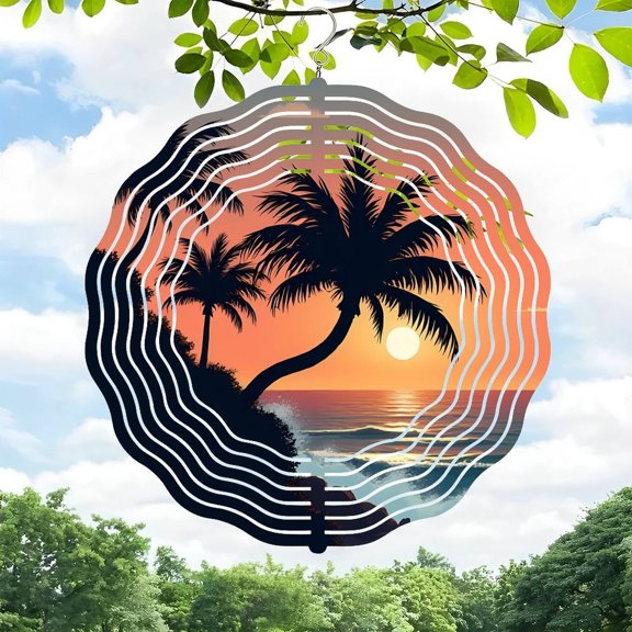 Tropical Sunset Metal Wind Spinners & Chimes - Vibrant Beach Scene Design for Yard & Garden Decor Perfect for Relaxing Atmosphere