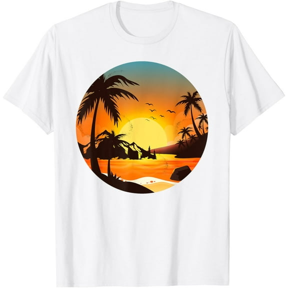 Tropical Sunset Mountains Beach Vacation Palm Trees Forest T-ShirtMen and women, White T-shirt, size: Extra large