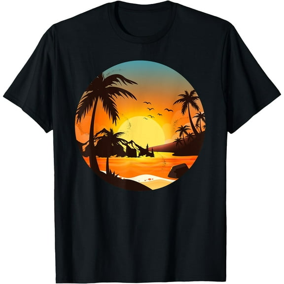 Tropical Sunset Mountains Beach Vacation Palm Trees Forest Unisex T-Shirt for Men Women Kids Toddler,Black Color,Size 4T