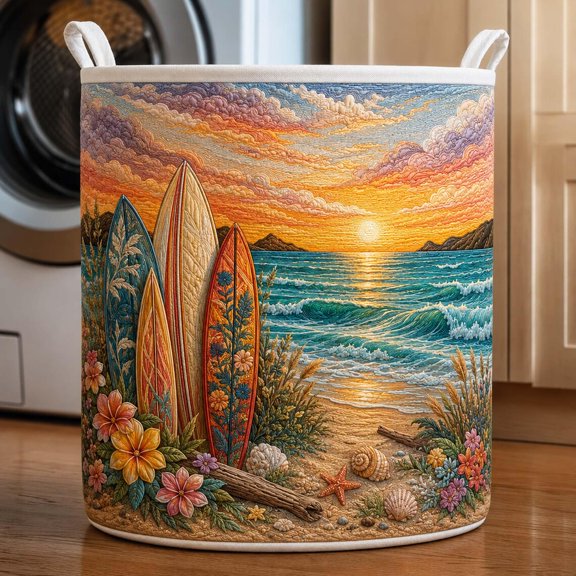 Tropical Sunset Ocean Beach Quilted Laundry Basket