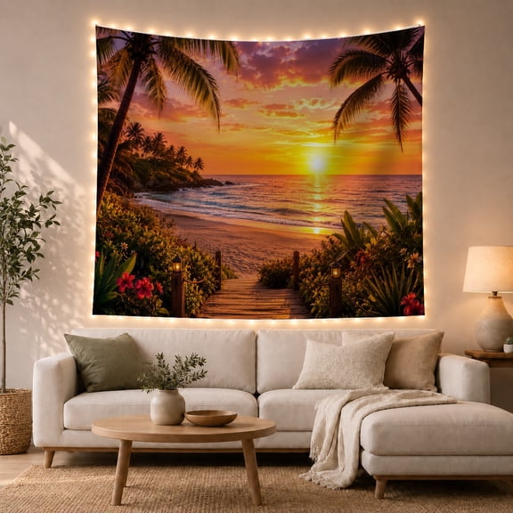 Tropical Sunset Over the Ocean with Boardwalk and Palm Trees, Serene Coastal Wall Art for Ocean Lovers, Tranquil Seascape Decor Housewarming Gift Tapestry Wall Hanging for Living Room and Bedroom