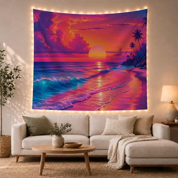 Tropical Sunset Over Ocean Horizon with Palm Silhouettes, Dreamy Psychedelic for Beach Lovers, Vibrant Coastal Wall Art, Housewarming Gift, Tapestry Wall Hanging for Living Room and Bedroom