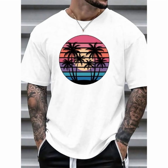 Tropical Sunset Palm Tree Graphic Tee Shirt Short Sleeve Beach Tops Short Sleeve Crew Neck White S-5XL