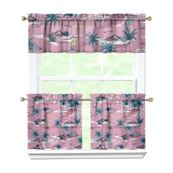 Tropical Sunset Palm Tree Kitchen Curtains 3-Pack - Boho Coastal Tier & Valance Set with Rod Pocket (54x18" + 2x27.5x24") Beachy Semi-Sheer Window Treatments