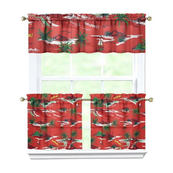 Tropical Sunset Palm Tree Kitchen Curtains 3-Pack - Boho Coastal Tier & Valance Set with Rod Pocket (54x18" + 2x27.5x24") Beachy Semi-Sheer Window Treatments