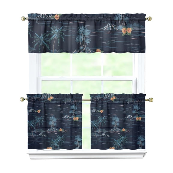 Tropical Sunset Palm Tree Kitchen Curtains 3-Pack - Boho Coastal Tier & Valance Set with Rod Pocket (54x18" + 2x27.5x24") Beachy Semi-Sheer Window Treatments
