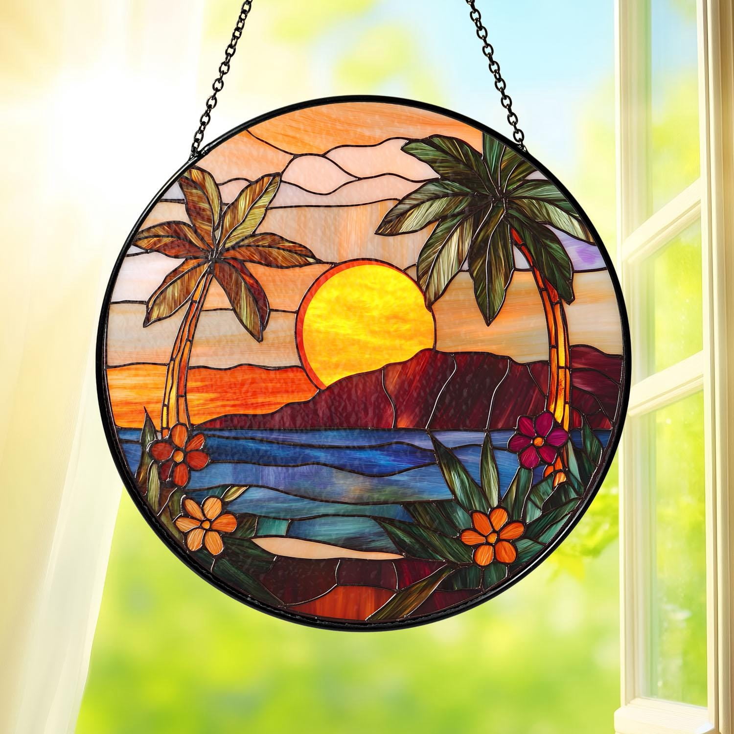 Tropical Sunset Palm Tree Ocean View Stained Glass Suncatcher Round ...