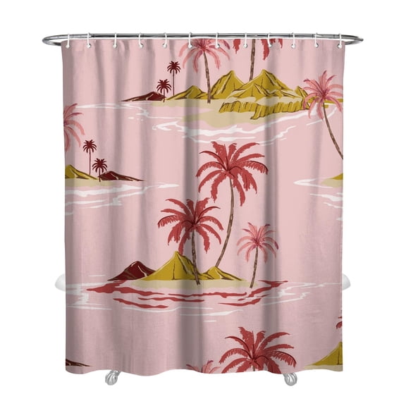 Tropical Sunset Palm Tree Shower Curtain, Hawaiian Paradise Beach Landscape Waterproof Fabric with Hooks, Boho Coastal Nautical Design for Home, Dorm, Hotel, or Airbnb Bathroom