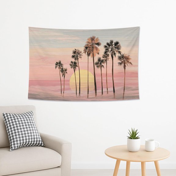 Tropical Sunset Palm Tree Tapestry Wall Hanging, Peach and Yellow Summer Aesthetic Decor, 60 x 40 Inch for Living Room, Bedroom, Dorm
