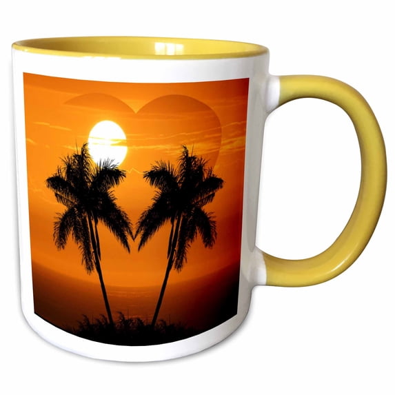 3drose, Tropical Sunset Palm Trees, 15oz Two-tone Yellow Mug