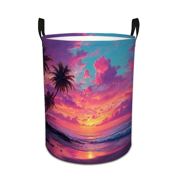 Tropical Sunset & Palm Trees__ Print Laundry Basket & Storage Bin - Foldable Large Capacity Round Hamper for Bedroom, Laundry Room, Dorm