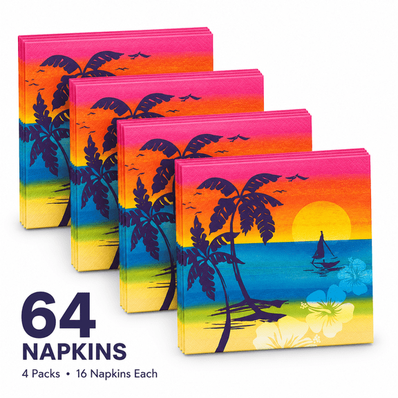 Tropical Sunset Paper Napkins 64 Count, 4 Packs of 16, Beach Luau Party Napkins