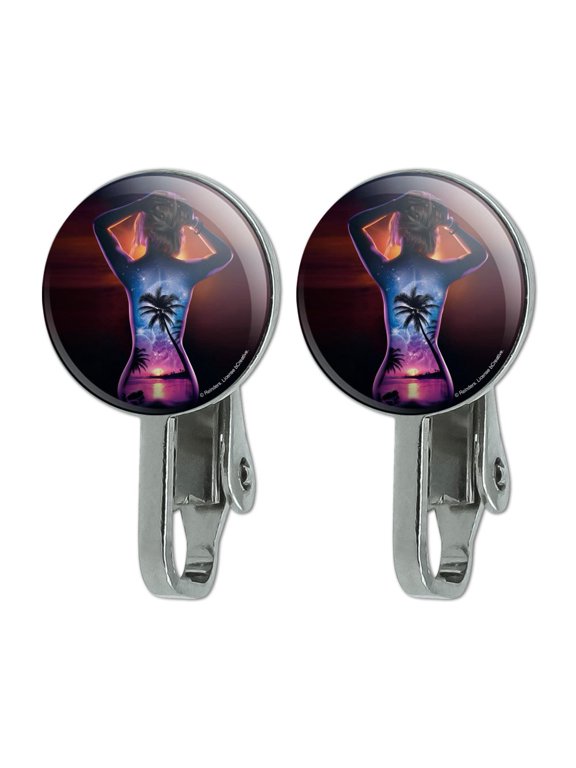 Tropical Sunset Paradise on Woman's Back Novelty Clip-On Stud Earrings