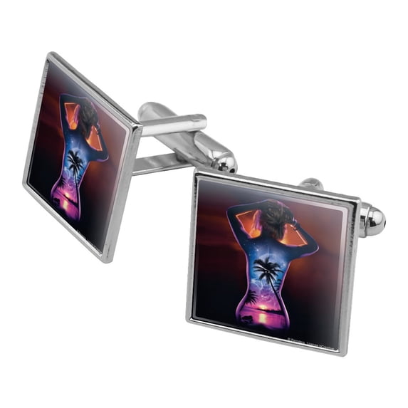 Tropical Sunset Paradise on Woman's Back Square Cufflink Set - Silver or Gold