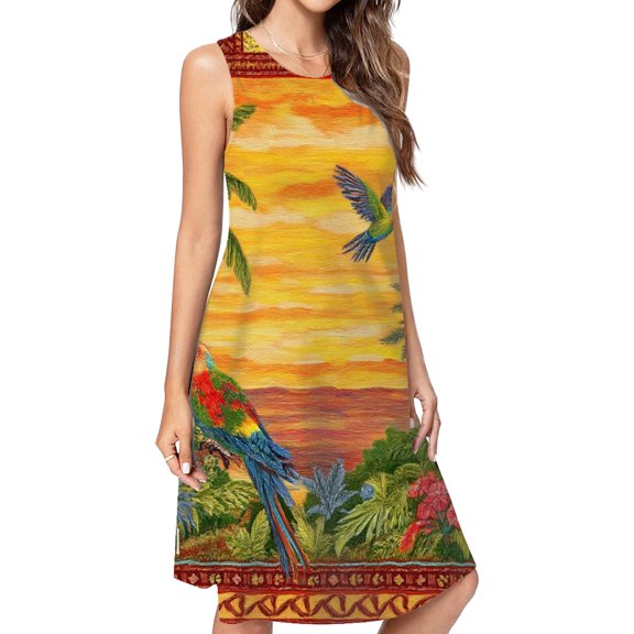 Tropical Sunset Parrots Paradise Birds Casual Sleeveless Loose Sundress Dress For Women Summer Dress Daily Woman