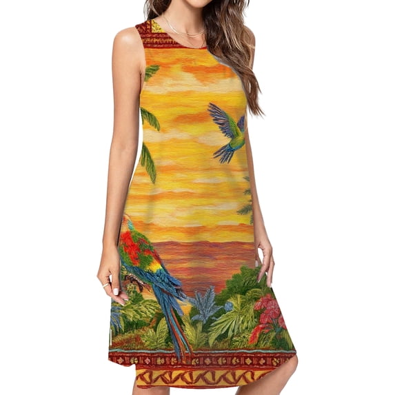 Tropical Sunset Parrots Paradise Birds Dress Loose Women'S Dress Beach Dresses With Pockets Dresses For Womens