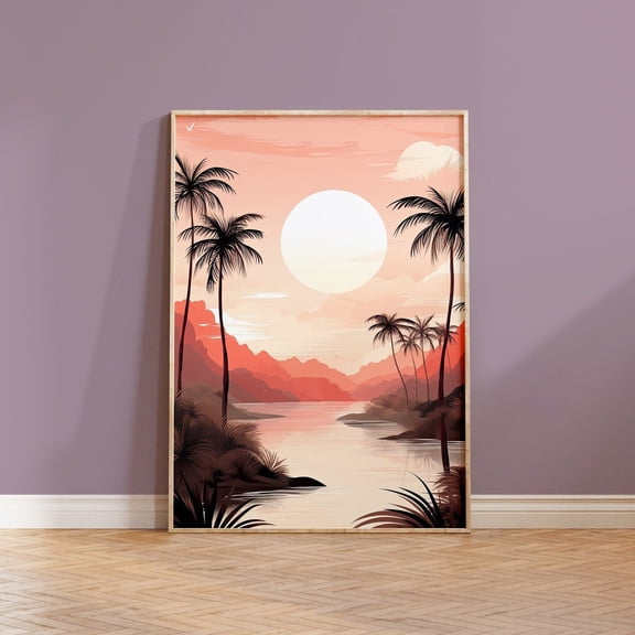 Tropical Sunset Pink Ocean View Boho Wall Art, Unframed Paper Poster 8x10in