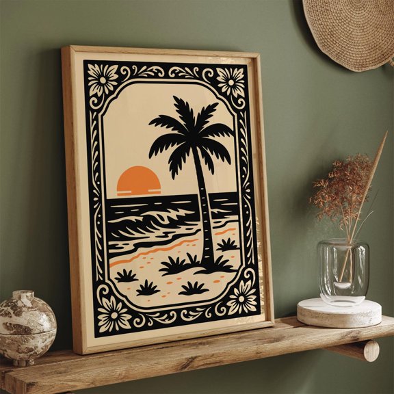 Tropical Sunset Rococo Palm Tree Coastal Decor Unframed Paper Print