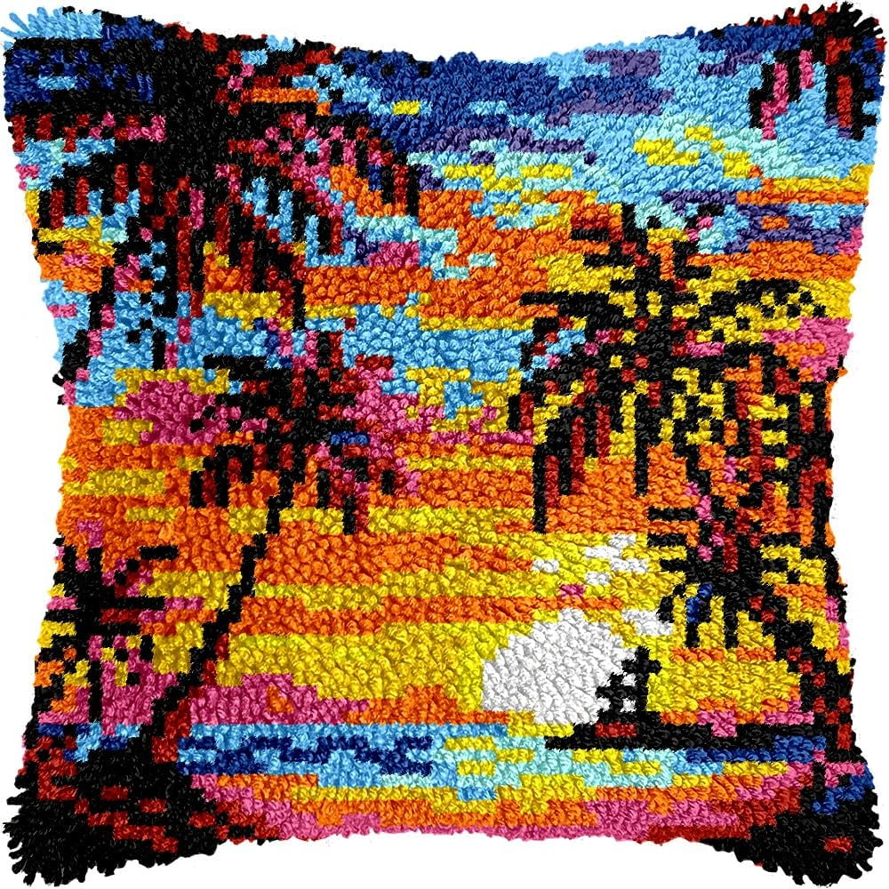 Tropical Sunset Scenery Latch Hook Pillow Kits for DIY Throw Pillow Cushion Embroidery Latch Hooking Pillowcase Kits with Preprinted Canvas Crochet Yarn Kits for Home Decor 17''X 17''(C10)