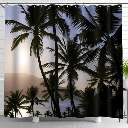 Tropical Sunset Shower Curtain - Serene Ocean Scene with Silhouetted Trees - Relaxing Bathroom Decor