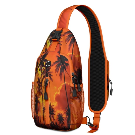 Tropical Sunset Sling Bag, Lightweight Crossbody Daypack with Ocean Palm Tree Design, Fashionable Backpack for Summer Travel and Commute