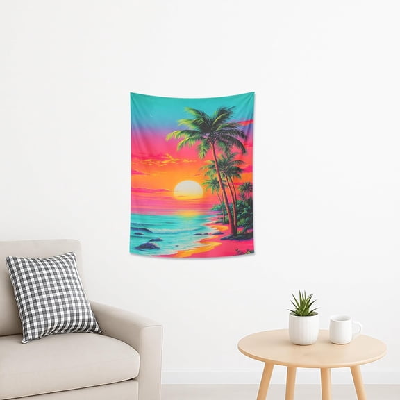 Tropical Sunset Tapestry, Peach Orange Beach Scene Wall Hanging, Summer Aesthetic Decor for Living Room, Bedroom, Bohemian Tapestries for Relaxation 30x40 Inch