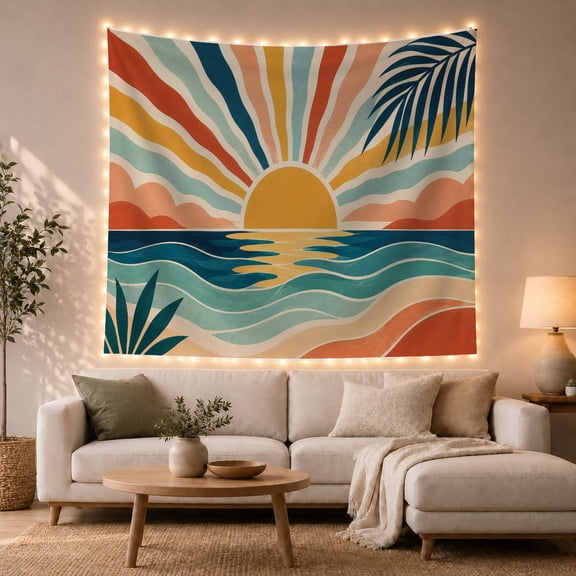 Tropical Sunset Above Teal Ocean Waves, Nostalgic Retro for Beach Lovers, Sunlit Coastal Wall Art, Housewarming Gift, Tapestry Wall Hanging for Bedroom and Living Room