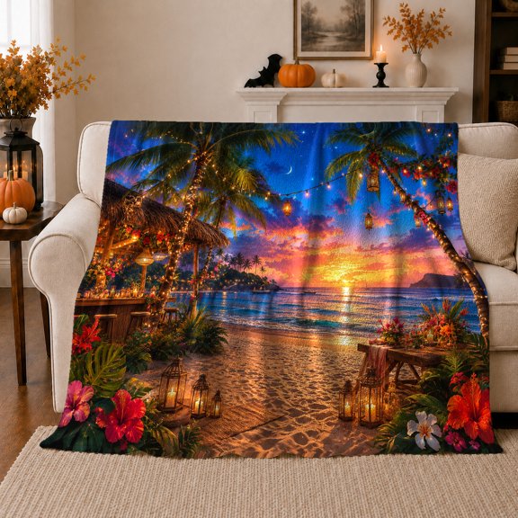 Tropical Sunset Tiki Bar Beach Hibiscus Flowers Relaxing, Festive Holiday Scene, Warm Flannel Blanket for Beach House and Living Room, Art Lovers Housewarming Gift, Festive Home Decor