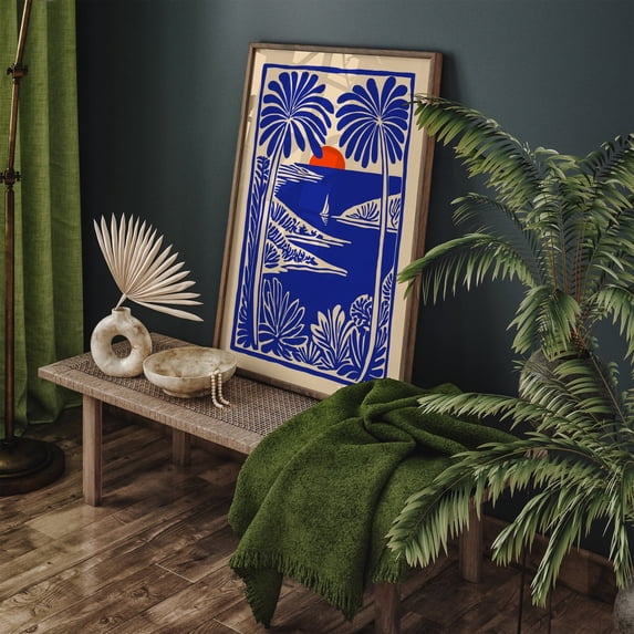Tropical Sunset Vintage Palm Tree Boat Landscape Decor Poster, Stretched Canvas 8x10in