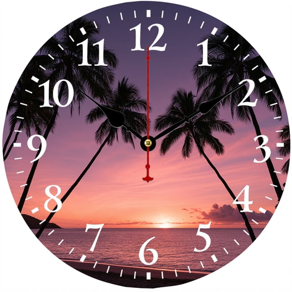 Tropical Sunset Wall Clock, 9.84 Inch Beach Ocean Palm Tree Decorative Analog Clock, Battery Operated for Living Room Bedroom Kitchen Office