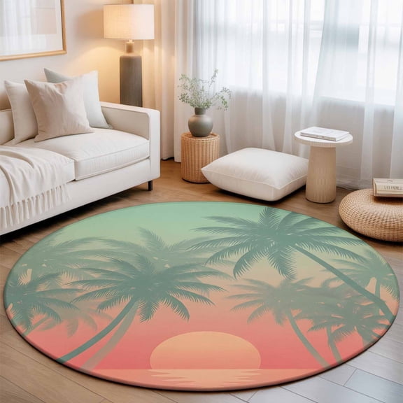 Tropical Sunset Washable Round Area Rug 3 ft, Green Red Gradient Beach Palm Tree Silhouette, Soft Non Slip Rugs Stain Repellent Indoor Felt Carpet for Living Dining Room Bedroom Home Office