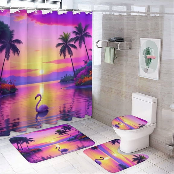 Tropical Sunset with Flamingo Shower Curtain Set Modern Bathroom Decor Mats 4pcs Fabric Bathroom Curtain Slip Floor Rug Toilet Lid
