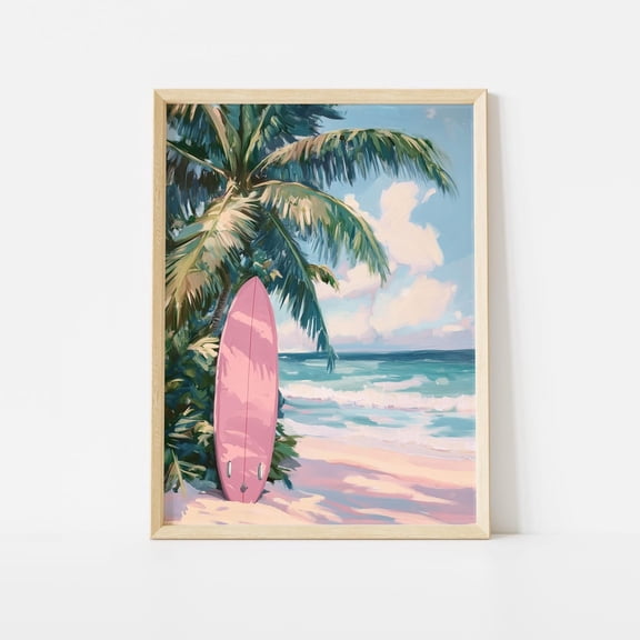 Tropical Surfboard Pink Pastel Beach Wall Art with Palm Tree, Unframed Paper Poster 8x10in