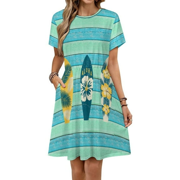 Tropical Surfboards Set Short Sleeve Dress Women Summer Evening Dresses Ladies Sundress