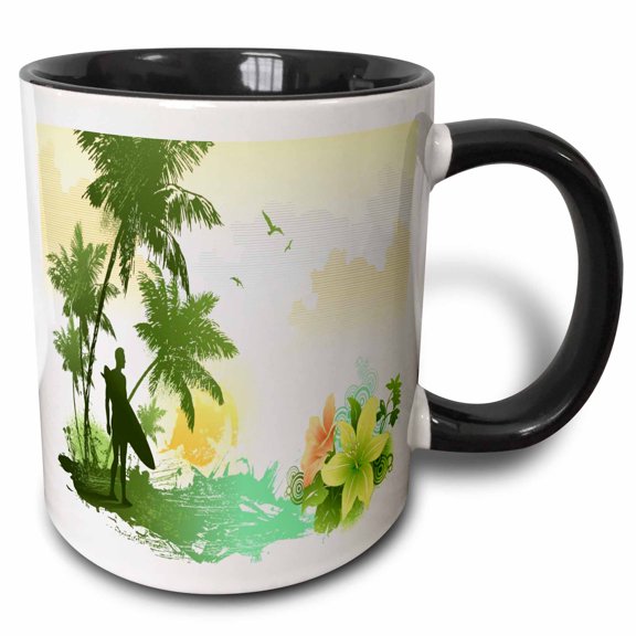 3drose, Tropical Surfing Art Vector with Palm Trees, Flowers and Ocean Background, 15oz Two-tone Black Mug