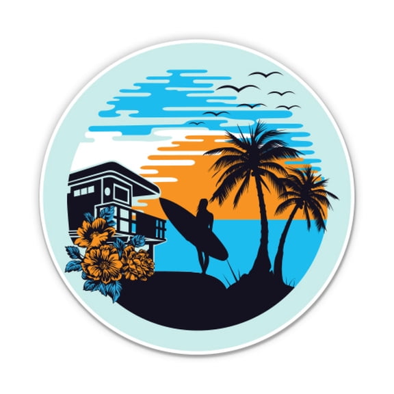 Tropical Surfing Surfer Girl Beach - 3" Vinyl Sticker - For Car Laptop Water Bottle Phone - Waterproof Decal