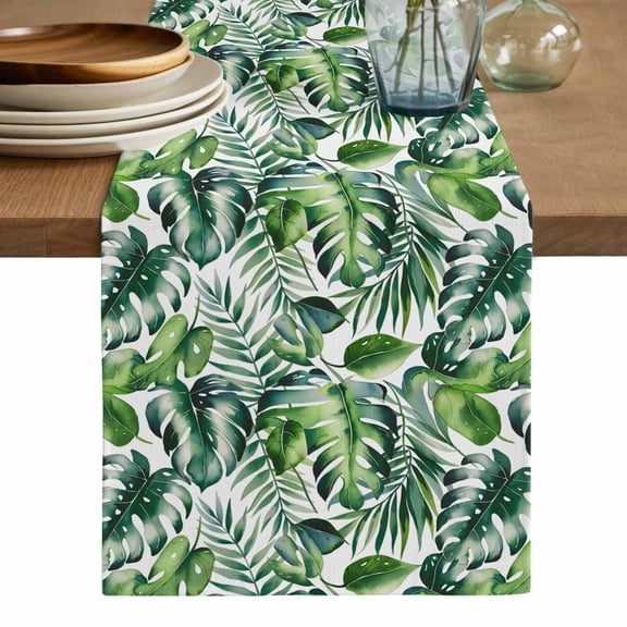 Tropical Table Runner, Green Palm Leaf Summer Plant Washable Cotton Linen Table Runners 36 Inches Long, Dresser Scarf Runner for Nightstand/End Tables/Round Tables 13''x36''