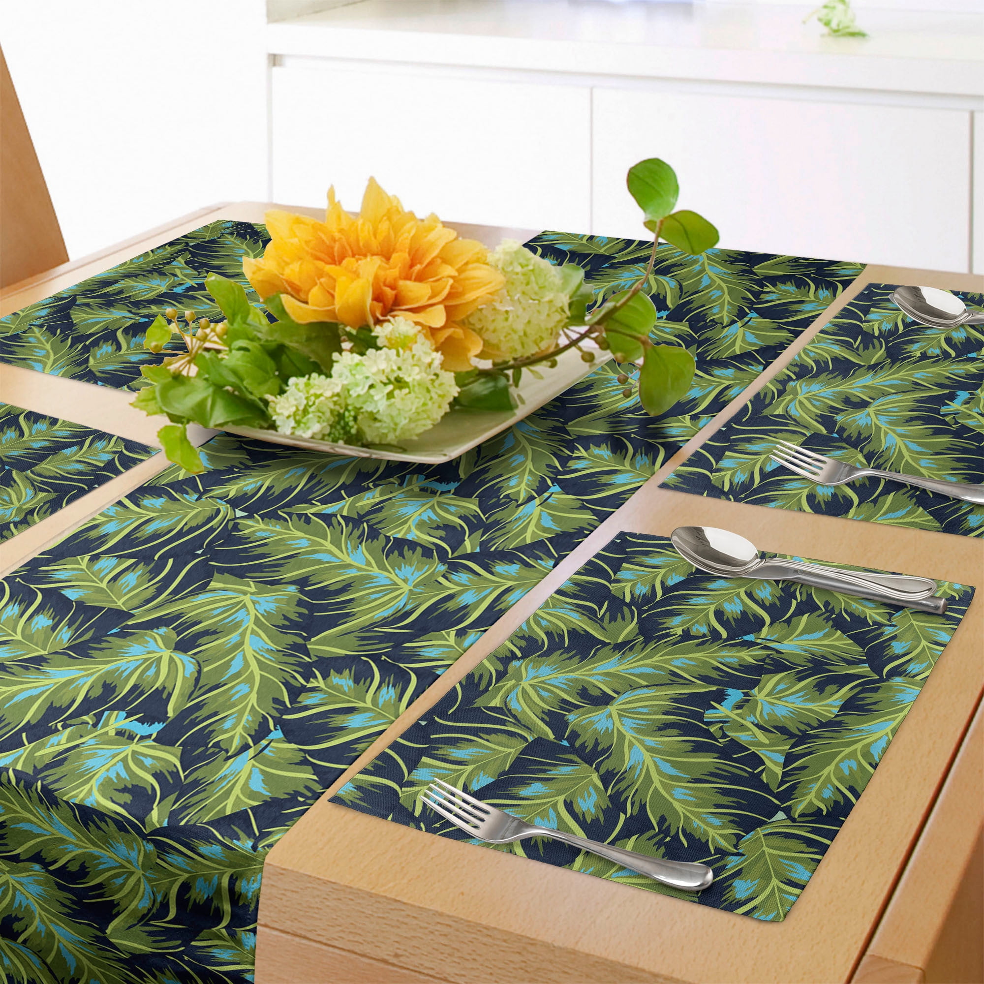 Tropical Table Runner & Placemats, Banana Leaf Jungle Forest Plants