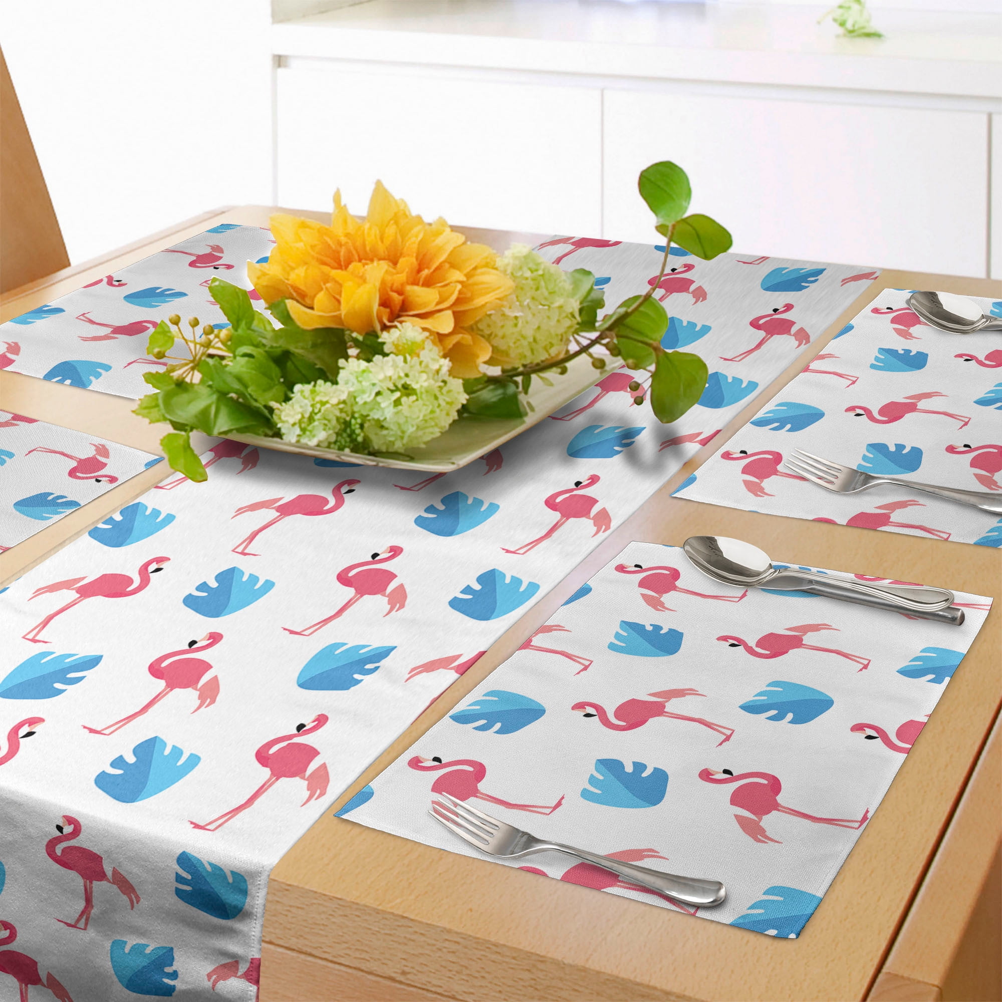 Tropical Table Runner & Placemats, Pink Flamingo Birds and Blue Palm ...