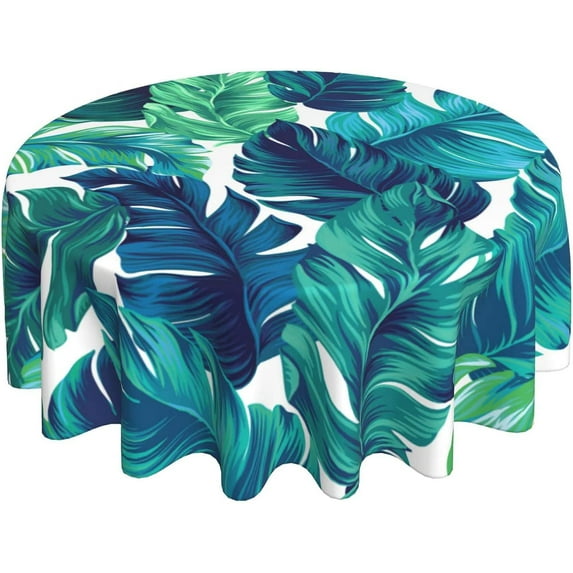 Tropical Tablecloth Round 60 Inches for Summer Green Hawaiian Palm Leaf Round Tablecloth Polyester Washable Circle Table Cover Table Cloth for Kitchen Dining Room Picnic Patio Wedding Party