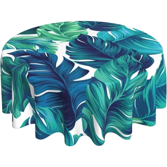 Tropical Tablecloth Round 60 Inches for Summer Green Hawaiian Palm Leaf Round Tablecloth Polyester Washable Circle Table Cover Table Cloth for Kitchen Dining Room Picnic Patio Wedding Party