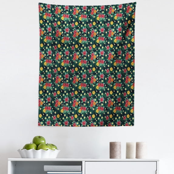Tropical Tapestry, Bouquet of Hibiscus and Monstera Flowers Realistic Illustration on Dark Background, Fabric Wall Hanging Decor for Bedroom Living Room Dorm, 5 Sizes, Multicolor, by Ambesonne
