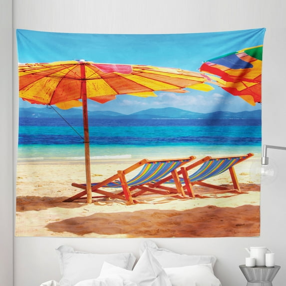 Tropical Tapestry, Deck Chairs Overlooking Tropical Sea of Thailand Beach Exotic Holiday Picture, Fabric Wall Hanging Decor for Bedroom Living Room Dorm, 5 Sizes, Orange Blue, by Ambesonne