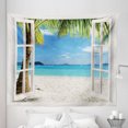 thumbnail image 1 of Tropical Tapestry, Exotic Palm Trees on Island Ocean Summer Beach Through Wooden Windows View, Fabric Wall Hanging Decor for Bedroom Living Room Dorm, 5 Sizes, White Green Blue, by Ambesonne, 1 of 1