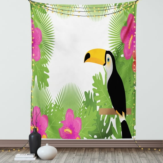 Tropical Tapestry, Exotic Scenery of Flowers Plants and Bird Toucan, Wall Hanging for Bedroom Living Room Dorm Decor, 60"W X 80"L, Lime Green Pink Charcoal Grey and Orange, by Ambesonne