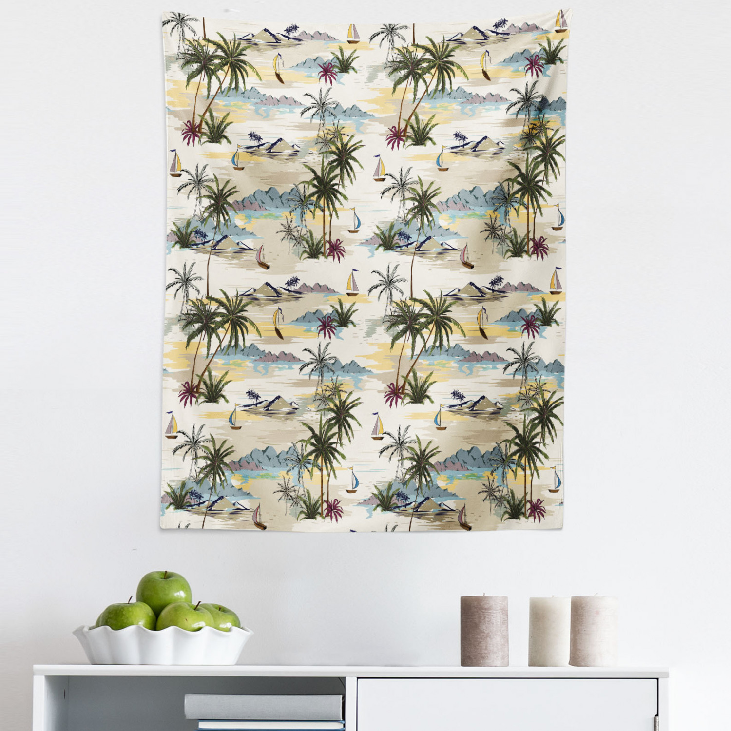 Tropical Tapestry, Hand Drawn Pastel Hawaiian Scene with Palms Island ...