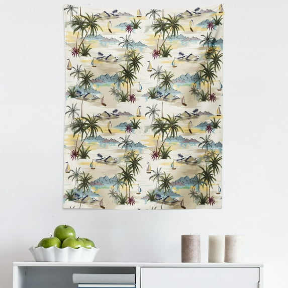 Tropical Tapestry, Hand Drawn Pastel Hawaiian Scene with Palms Island Beach Ocean, Fabric Wall Hanging Decor for Bedroom Living Room Dorm, 5 Sizes, Olive Green Slate Blue, by Ambesonne