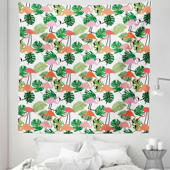 Tropical Tapestry, Hipster Theme with Flamingo Birds Monstera Leaves Hawaiian Jungle, Fabric Wall Hanging Decor for Bedroom Living Room Dorm, 5 Sizes, Salmon Pink, by Ambesonne